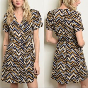 New! Navy Mustard Retro Vintage Chevron Wrap Dress